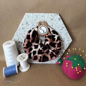 Handmade Leopard Print Hair Scrunchie and Matching Pearl Crystal Earrings